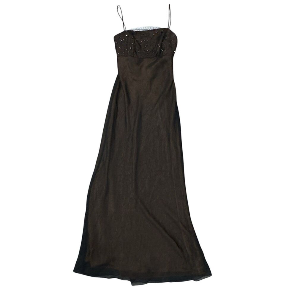 Vintage Cache Prom Dress Maxi Gown Brown Fairy Goth 90s Y2K Beaded Backless Sz 6